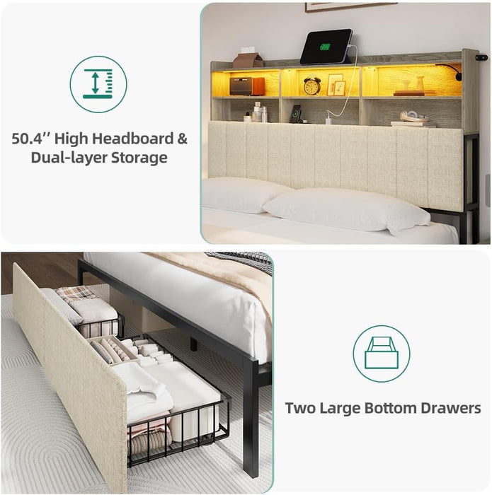 Queen Bed Frame with 2-Tier Storage Shelves and Bookcase Headboard,Led Light Queen Size Bed with Charging Station, No Box Spring Needed/Noise Free, Beige