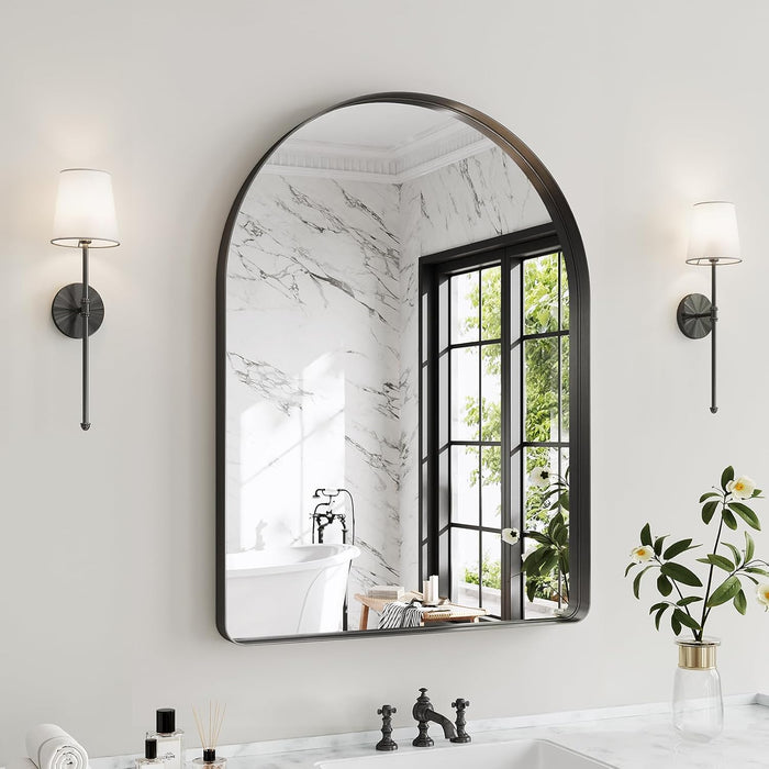 36"X30" Black Arched Mirror, Arched Wall Mirror with Metal Frame, Wall Mounted Large Arched Mirror for Living Room, Restroom, Entryway, Tempered Glass, Modern Home Decor