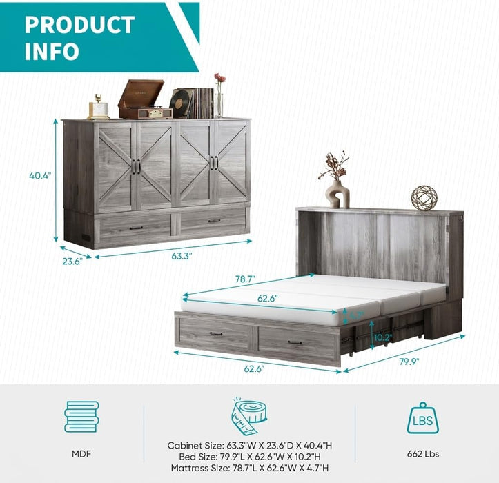 Grey QueenSize MurphyBed With Mattress USBCharging