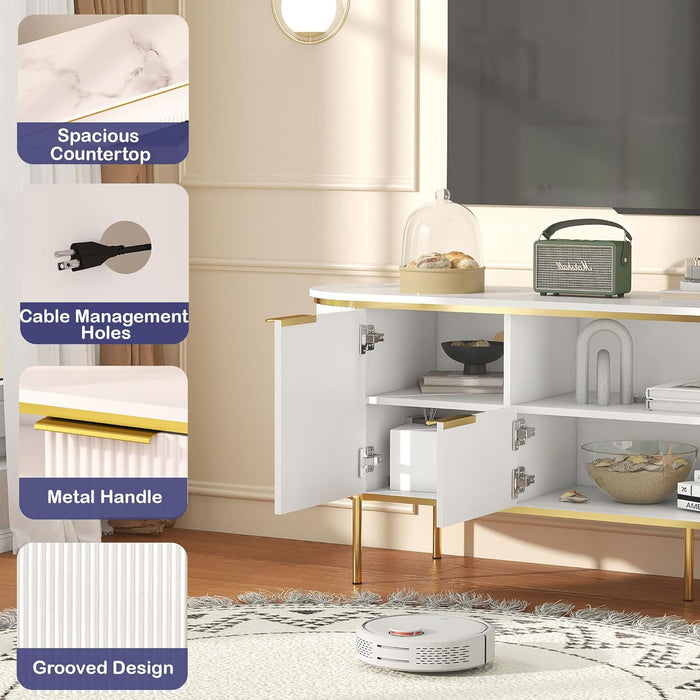 White Tv Stands for Living Room: 70" Large Entertainment Center with Storage, Modern Media Console Cabinet with Doors, Fluted Tv Table with Gold Legs (White, 70" TV Stand)