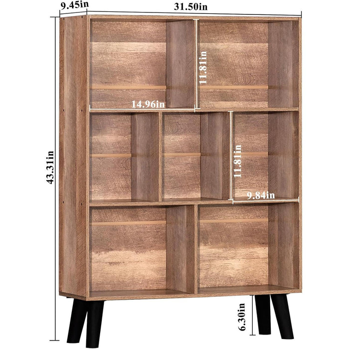 7 Cube Bookshelf 3 Tier Modern Bookcase with Legs,Wood Book Shelves Storage Organizer Shelf,Free Standing Bookcases,Oak Display Bookshelves