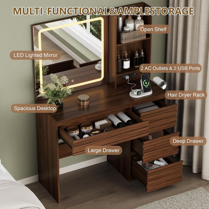 Walnut Multifunctional Vanity Desk With LED Illumination