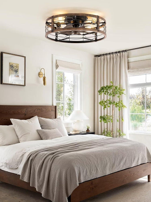 20" Caged Ceiling Fan with Light and Remote, Low Profile Flush Mount Fandelier, Black Gold Bladeless Enclosed Small Fan Lights Ceiling Fixtures, Rustic Farmhouse Style for Bedroom, Outdoor