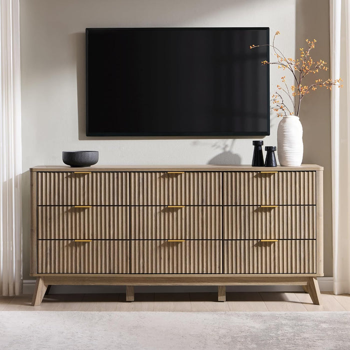 63" Wide Fluted 9 Drawer Dresser for Bedroom, Grey Alder