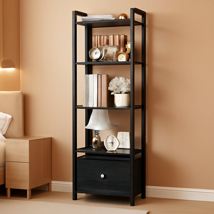 5 Tier Bookshelf with Drawer, Kitchen Bakers Rack with Storage, Tall Narrow Bookcase, Industrial Free Standing Display Shelf, Wood and Metal Book Shelf for Bedroom, Living Room, Black