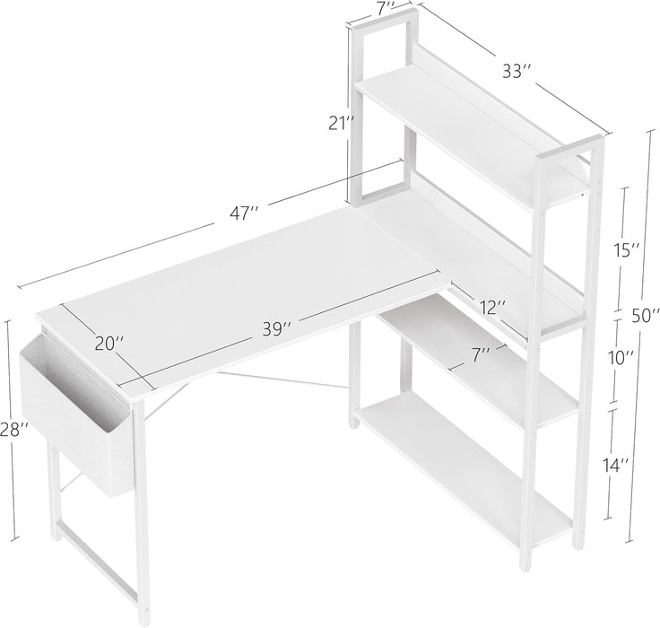 47 Inch Computer Desk with Bookshelf, Corner Desk with Storage, L Shaped Desk, Home Office Desks, Writing Study Desk for Bedroom, White