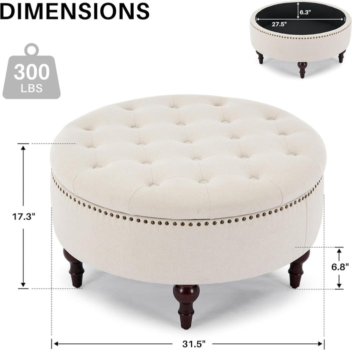 31.5" Large round Storage Ottoman, Upholstered Tufted Linen Ottoman Coffee Table, Large Footrest with Solid Wooden Legs and Nailheads, Side Table for Living Room Bedroom Office, Beige