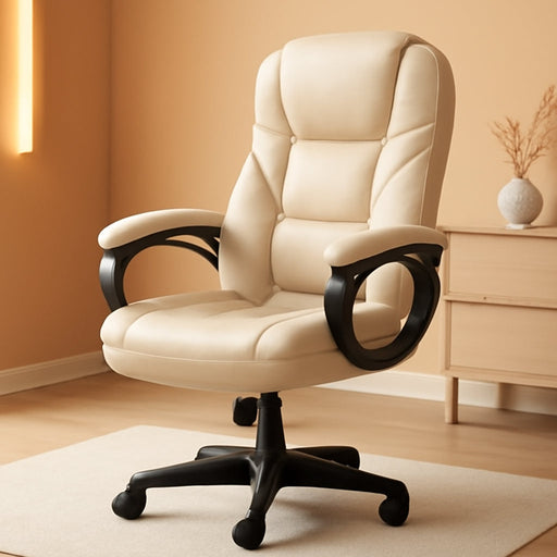 Office Executive Chair High Back Adjustable Managerial Home Desk Chair, Swivel Computer PU Leather Chair with Lumbar Support (Beige)