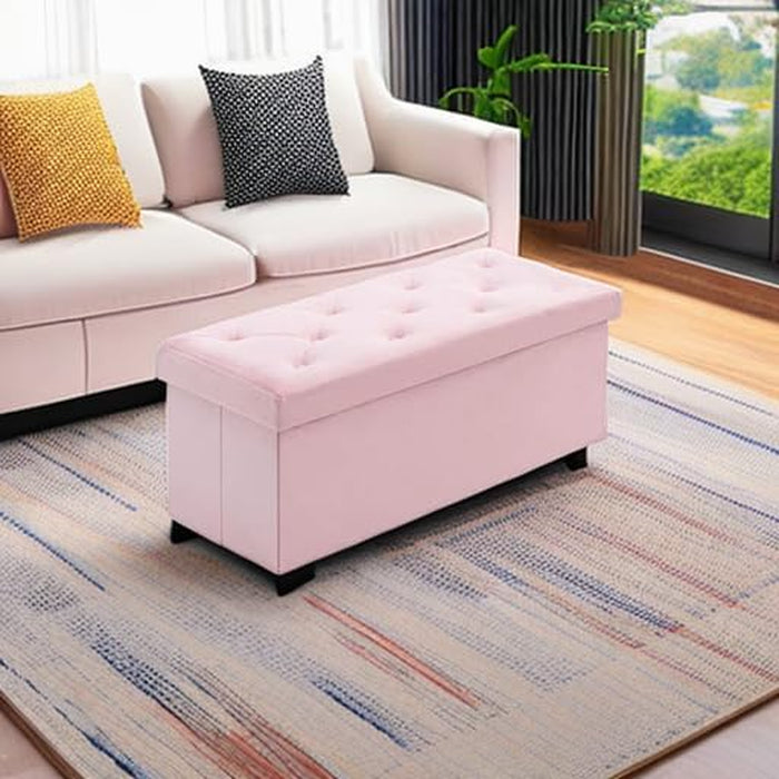 43 Inches Folding Storage Ottoman Bench, Velvet Ottoman with Storage for Living Room, Long Shoes Bench, Flannelette Footrest Benches Seat (Pink)