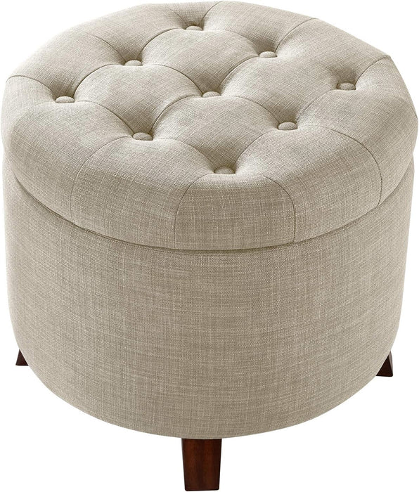 round Linen Ottoman with Storage, Tufted Upholstered Footstool for Living Room and Bedroom, 20" X 17", Linen Burlap Beige