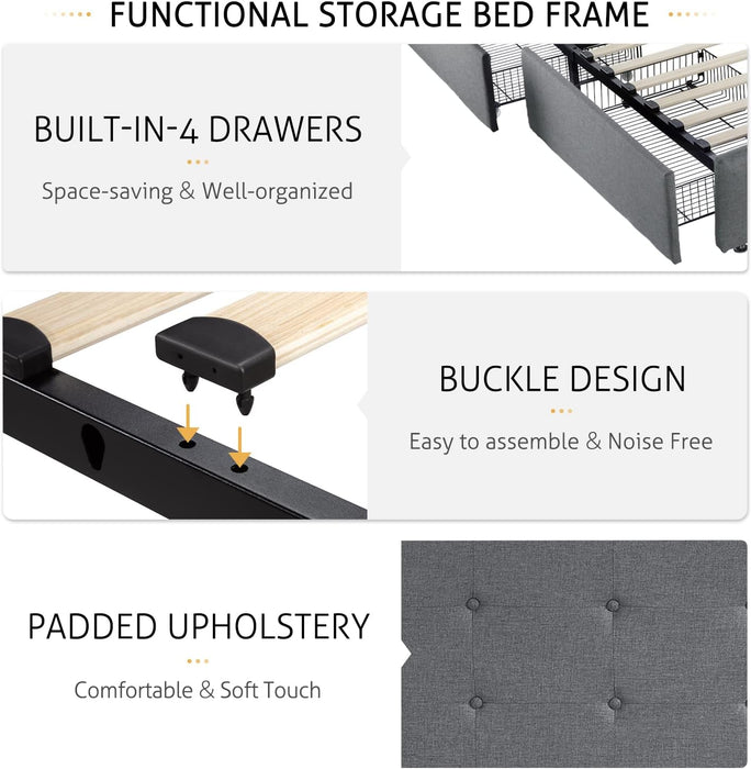 Upholstered Full Size Platform Bed Frame with 4 Storage Drawers, Adjustable Headboard with Square Stitched Button Tufted Design, Wooden Slat Support, No Box Spring Needed, Light Grey