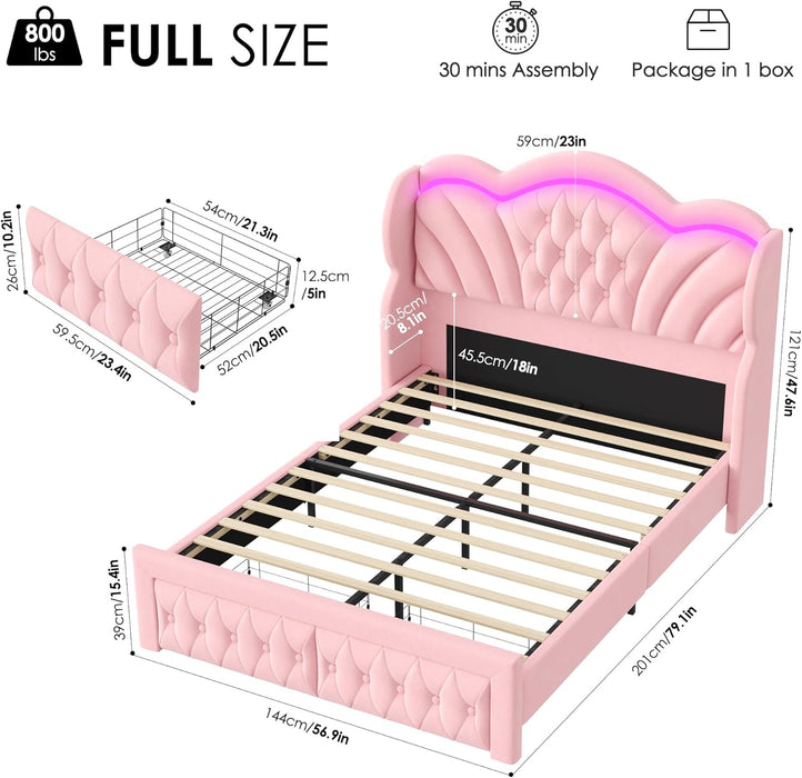 Full Bed Frame with LED Lights and 2 Storage Drawers, Velvet Upholstered Platform with 47" Tall Arc-Shaped Wingback Headboard and Button Tufted Design, No Box Spring Needed, Noise-Free, Pink