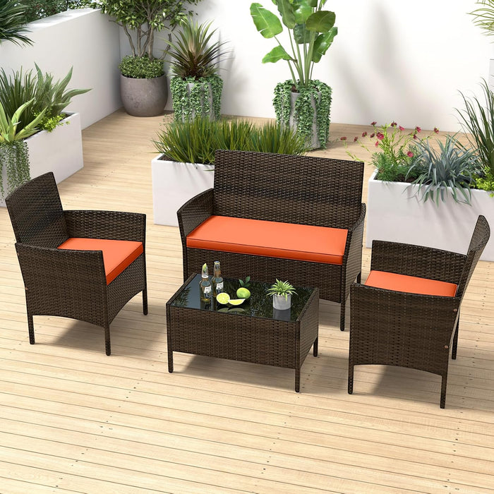 4-Piece Patio Furniture Set - Rattan Outdoor Conversation Bistro Set W/Cushions, Glass Coffee Table, Wicker Chairs & Loveseat for Garden Backyard Porch, Balcony Furniture Set (1, Orange)