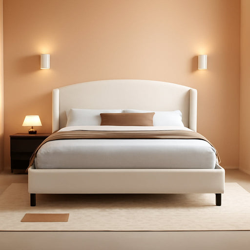 Cordo 44.50" H King Size Bed Set, Upholstered Platform Bed with Wingback Headboard, Solid Wooden Slats Panel Support, No Box Spring Needed, Easy Assembly, Beige