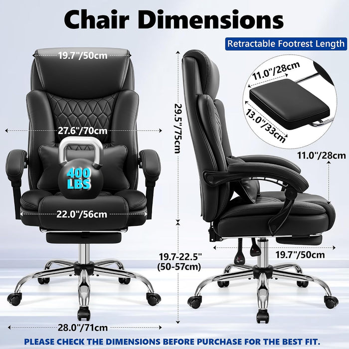 Ergonomic Office Chair Executive PU Leather High Back, 400Lbs Heavy Duty Reclining Desk Chair with Footrest, Adjustable Lumbar Support, Padded Armrests, Wide Seat, Black