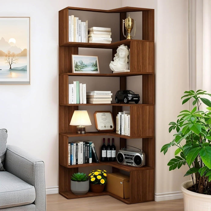 Corner Bookshelf, 6 Tier Corner Bookcase Tall,78.7" L Shaped Bookshelf, Walnut Corner Shelf for Home Office, Living Room,Bedroom