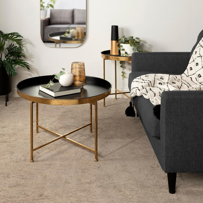 Celia Modern round Coffee Table; 28 X 28 X 19; Black and Gold; Coffee Table for Living Room Decor; Storage; and Display