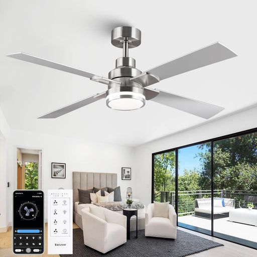 52 Inch Ceiling Fans with Lights and Remote/App, Brushed Nickel Ceiling Fan Modern, ETL Listed, 3CCT Dimmable, Timer, 6-Speeds, Quiet Reversible DC, Smart Silver Fan for Bedroom Living Room