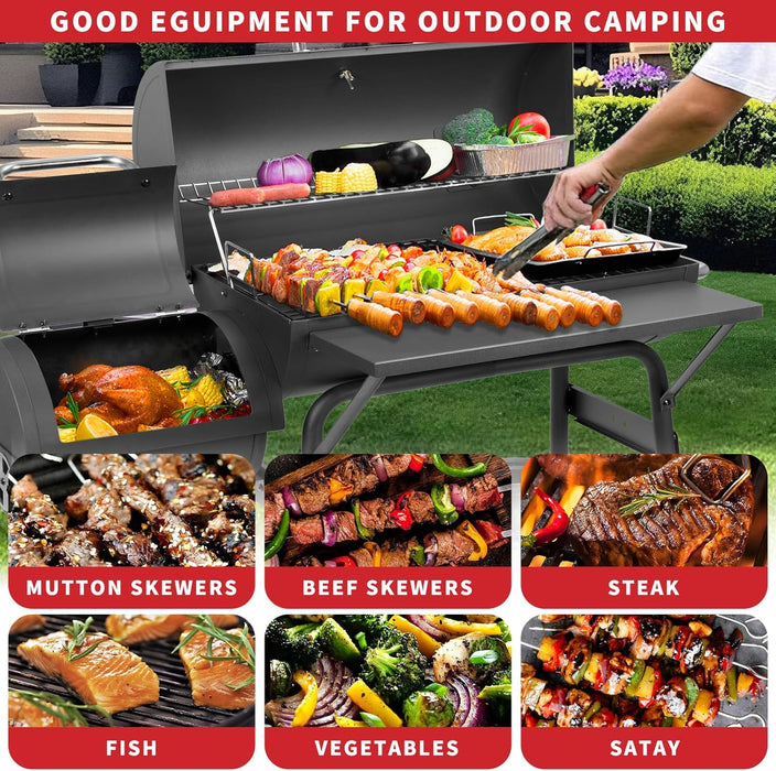 Barrel Charcoal Grill with Offset Smoker,550 Square Inches Cooking Area, Outdoor BBQ Grill with Front Shelf, Perfect for Backyard, Patio Parties and Picnics.