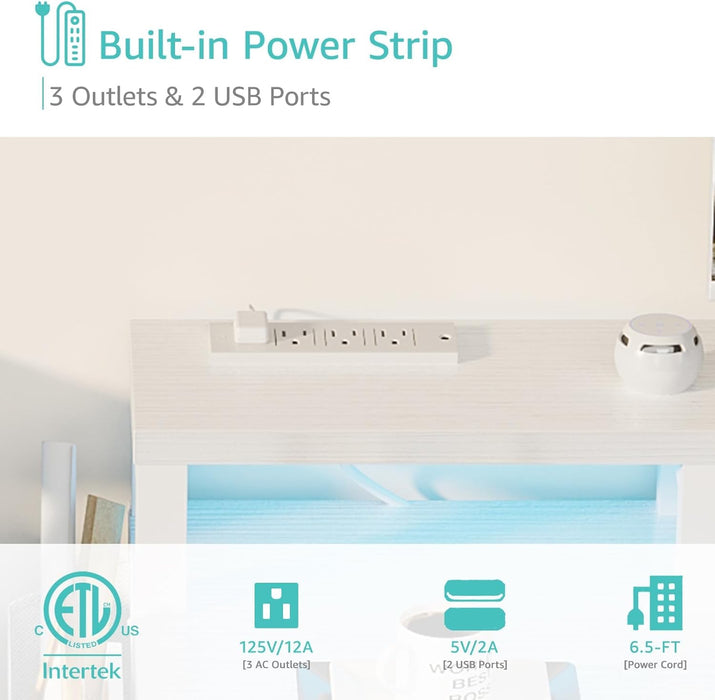 White Desk with 4 Drawers - 47 Inch Gaming Desk with Monitor Stand, Computer Gaming Desk with LED Lights Power Outlets and Storage Bag Fabric Drawer for Home Office, Bedroom, White