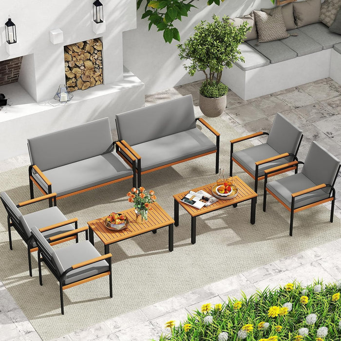 8 Pieces Patio Furniture Set, Outdoor Conversation Set with Acacia Wood Coffee Table, Cushioned Loveseat & 2 Single Armrest Chairs, for Porch, Garden, Backyard, Poolside