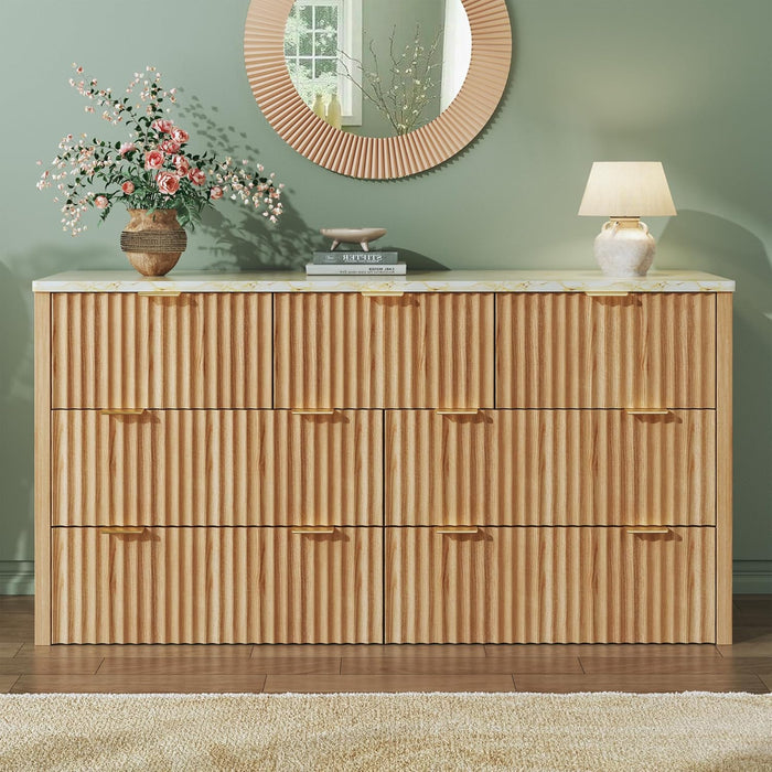 Fluted Dresser for Bedroom with 7 Drawers, 53" Wide Mid Century Modern Dressers with Faux Marble Top & Metal Handle, Wooden Chest of Drawers TV Stand, Natural Oak