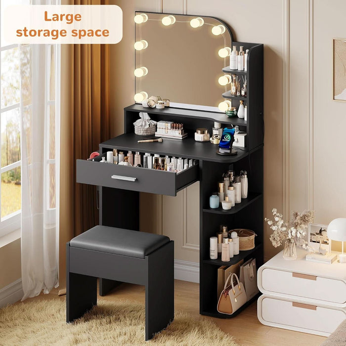 Makeup Vanity with Chair, Small Vanity Desk with Mirror and Lights 3 Colors, Girls Vanity Set with Power Outlet, Compact Vanity Table for Small Space, Black