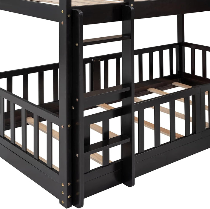 Twin over Twin Floor Bunk Bed with Slide and Ladder, Low Bunk Bed for Kids, Girls, Boys, Removable Fence, Bunk Bed with Slide, Espresso