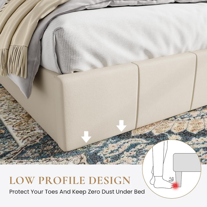Queen Size Bed Frame, Velvet Upholstered Platform Bed, Cream
