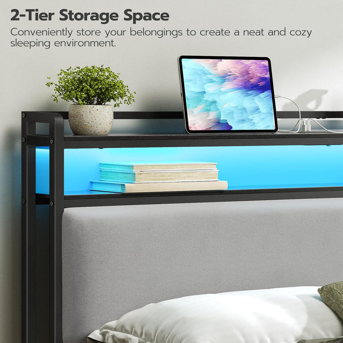 King Size Upholstered Headboard, Storage Headboard with Charging Station and Adjustable LED Lights, 2 Standard Outlets and 2 USB Ports, King Headboard Only, Easy Assembly, Black and Gray