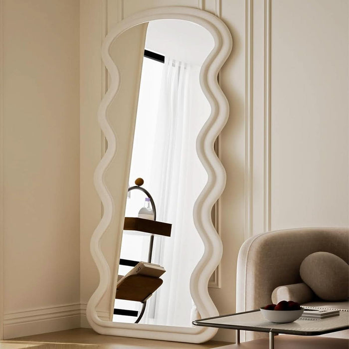 71"X32" Irregular Mirror Full Length, Large Full Body Freely Standing Mirror, Flannel Wave Floor Mirror with Stand for Bedroom, Living Room, Hanging or against the Wall, White