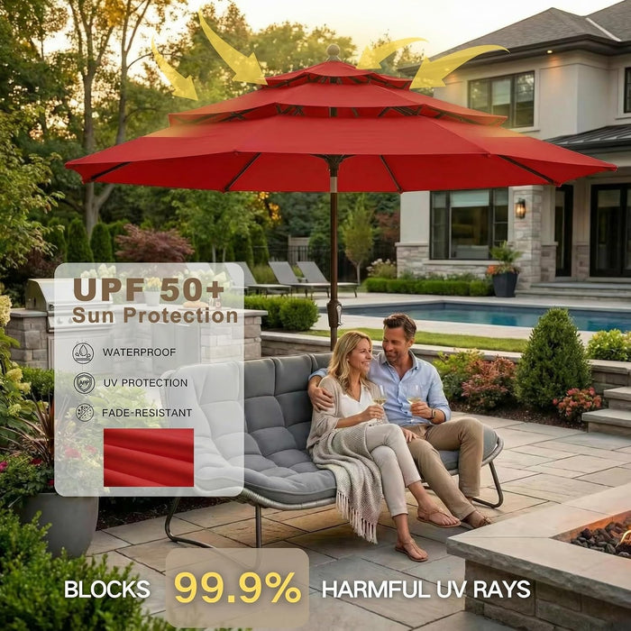 9Ft 3-Tier Patio Umbrella, Outdoor Table Umbrella with Easy Crank & Tilt, 8 Reinforced Ribs, UV Protection for Deck, Pool, Market, Backyard (Red)