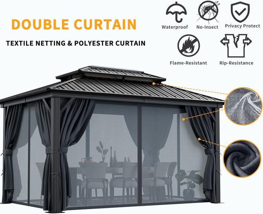 10X12 Hardtop Gazebo on Clearance with Heavy Duty Galvanized Steel Metal Roof, Aluminum Frame,Patio Hard Top Gazebos with Curtains and Netting, Outdoor Permanent Pavillon for Backyard,Black