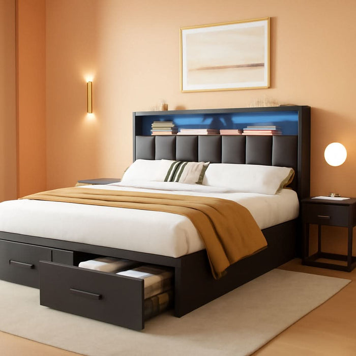 Full Size with 2 Storage Drawers and Charging Station, Upholstered Bed with Storage Headboard and LED Light, Heavy Duty Metal Frame Support, No Box Spring Needed, Noise Free, PU Leather Black