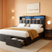 Full Size with 2 Storage Drawers and Charging Station, Upholstered Bed with Storage Headboard and LED Light, Heavy Duty Metal Frame Support, No Box Spring Needed, Noise Free, PU Leather Black