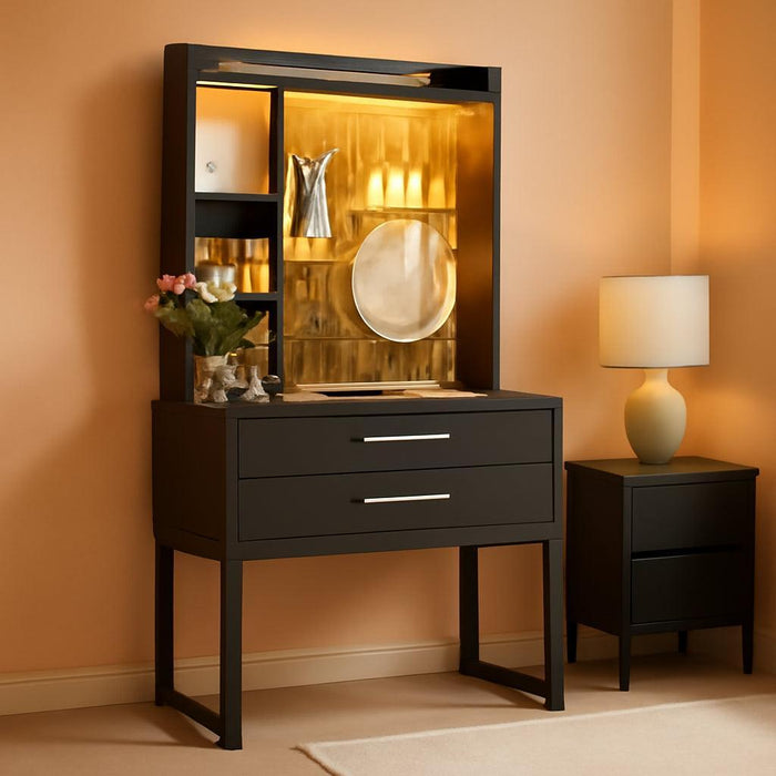 Small Vanity Desk with Hutch and Drawers, Black Makeup Vanity Desk with Charging Station, Vanity Table Dressing Table with LED Lights, Vanity Desk No Mirror with Pegboard for Girls Women, 24"