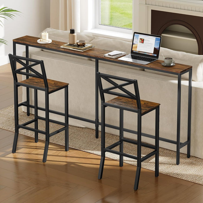 Bar Stools, Set of 2 Bar Chairs with Backrest and Footrest, 26" Tall Counter Bar Stools, Kitchen Breakfast Bar Chairs, Easy Assembly, for Dining Room, Rustic Brown BAHR0901N1