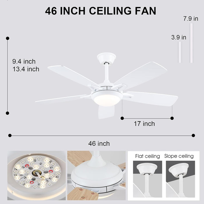 Ceiling Fans with Lights and Remote, 46 Inch Modern Ceiling Fan with Light, White Ceiling Fans for Bedroom Living Room Indoor/Outdoor, Reversible Quiet Motor, Dimmable LED Light, White