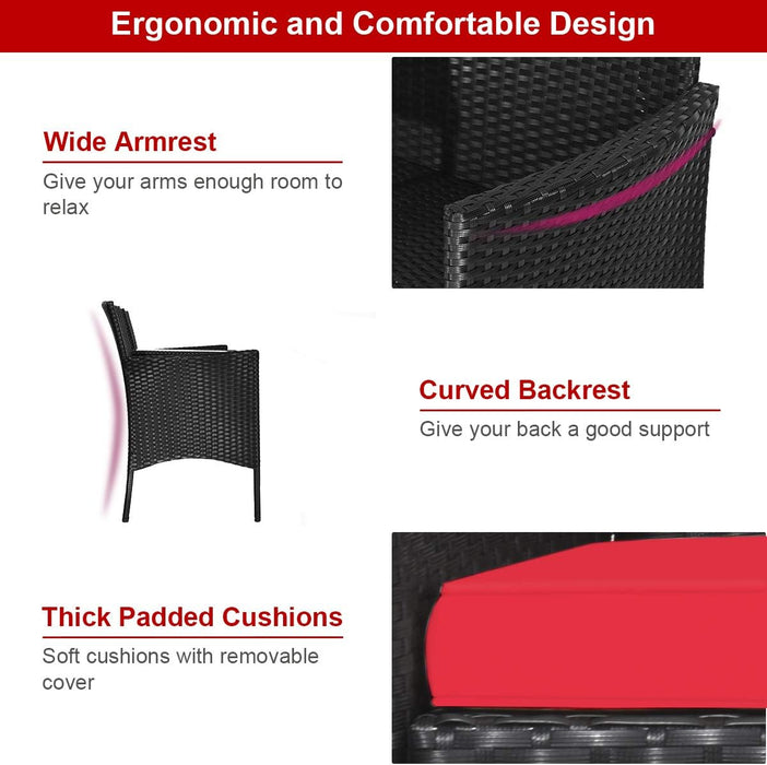 Wicker Patio Conversation Furniture Set, Outdoor Furniture Set with Removable Cushions & Table, Tempered Glass Top, Modern Rattan Bench for Garden Lawn Backyard