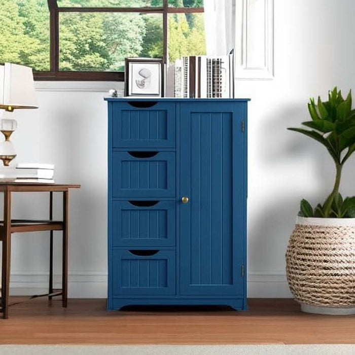 Wooden Bathroom Floor Cabinet, Side Storage Organizer Cabinet with 4 Drawers and 1 Cupboard, Freestanding Entryway Storage Unit Console Table, Bathroom Furniture Home Decor, Navy Blue