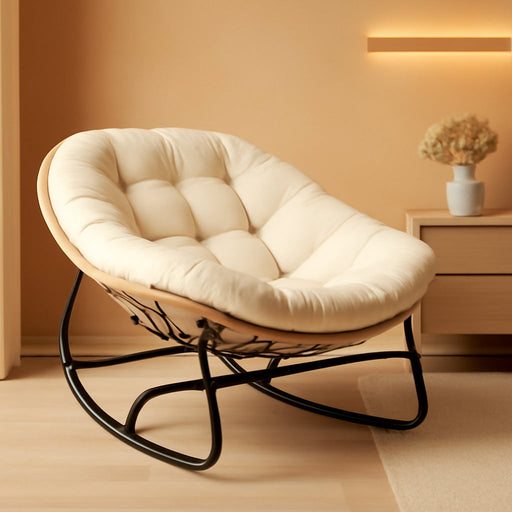 Oversized Wicker Rocking Chair Indoor Outdoor, 450 LBS Heavy Duty Patio Papasan Egg Chair with Cushion, E-Coated Frame Lounge Rocker for Balcony Porch Garden Living Room, Beige