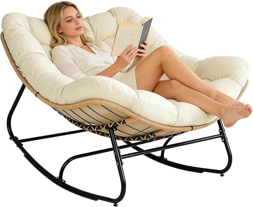Oversized Wicker Rocking Chair Indoor Outdoor, 450 LBS Heavy Duty Patio Papasan Egg Chair with Cushion, E-Coated Frame Lounge Rocker for Balcony Porch Garden Living Room, Beige