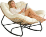 Oversized Wicker Rocking Chair Indoor Outdoor, 450 LBS Heavy Duty Patio Papasan Egg Chair with Cushion, E-Coated Frame Lounge Rocker for Balcony Porch Garden Living Room, Beige