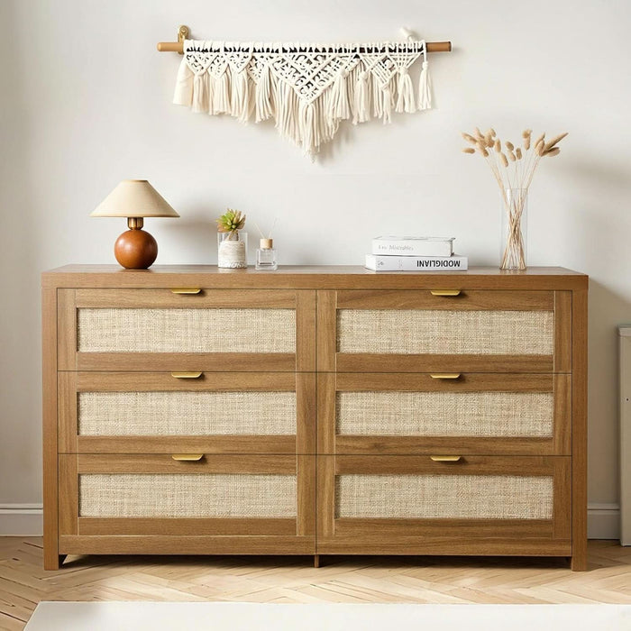 Large Boho Dresser for Bedroom, 57" Wide Rattan Dresser 6 Drawer with Ample Storage, Modern Wood Chest of Drawers Closet TV Stand Dressers for Living Room, Walnut Oak