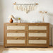 Large Boho Dresser for Bedroom, 57" Wide Rattan Dresser 6 Drawer with Ample Storage, Modern Wood Chest of Drawers Closet TV Stand Dressers for Living Room, Walnut Oak