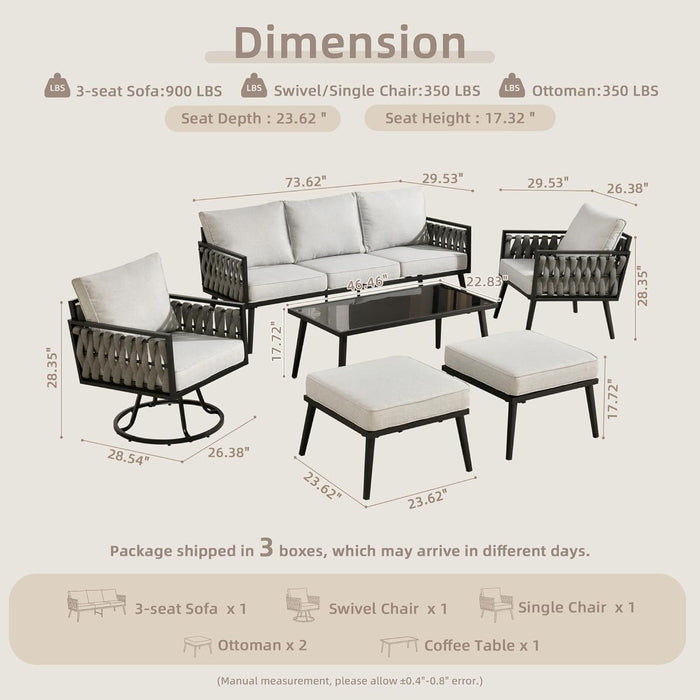 Patio Furniture Sets for 6 with Swivel Chair, Outdoor Conversation Sets 6 Pcs, 1X Coffee Table. 1Xswivel Chair, 1X3-Seat Sofa, 2Xottomans for Porch Poolside Gray