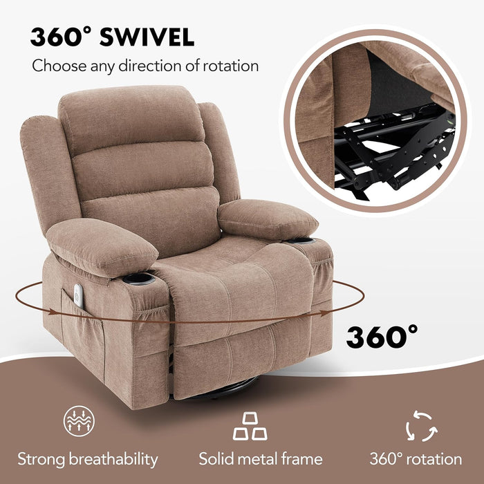 Rocker Recliner Chair with Heat and Massage, 360° Swivel Recliner Chairs for Adults, Oversized Recliner Single Sofa Seat with Cup Holders, Brown