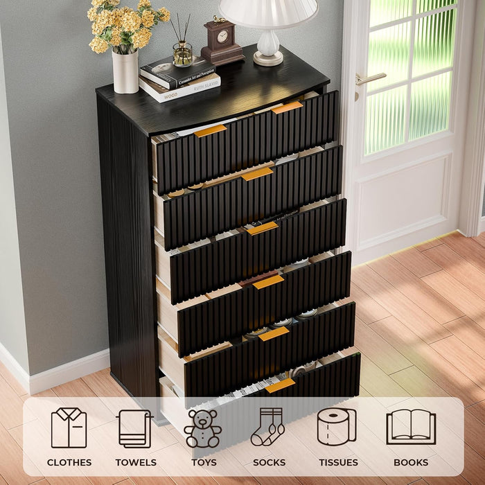 Fluted 6 Drawer Dresser for Bedroom,47'' Tall Chest of Drawer W/Gold Handle