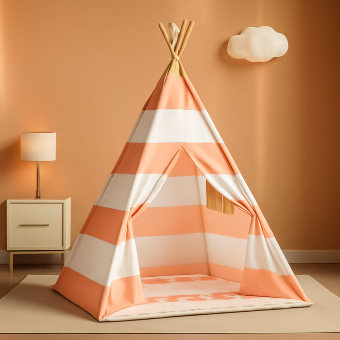 Teepee Tent for Kids with Padded Mat, Lights, and Carry Bag, Washable Playhouse for Indoor Use, Ideal Play Tent for Girls and Boys, Stripe Pink