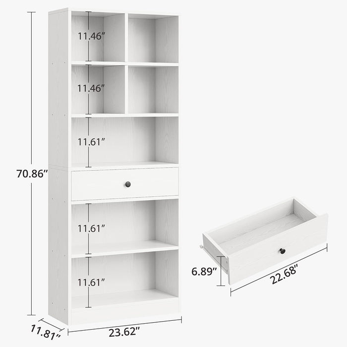 Bookcase and Bookshelves, 70" Tall Bookshelf Floor Standing 6 Tiers Display Storage Shelves, Book Shelf with Drawers for Home Office, Living Room, Bedroom, Library, White